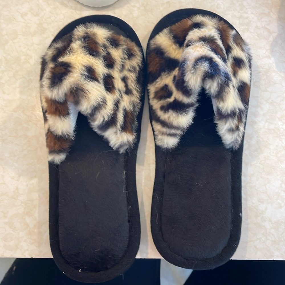 COPY - Slippers, Leopard Print Fuzzy Slippers,  Indoor , Grey, Sz 40-41 or 8.5/…
